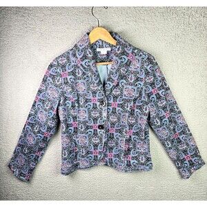 Ann Trinity Blazer Jacket Womens M Blue Purple Pink Paisley Cotton Stretch Denim